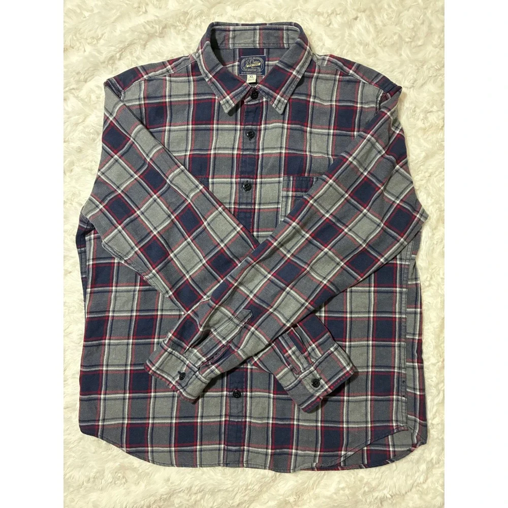 Y2K J. Crew Mens XL Slim Fit Flannel Shirt  Blue Grey Red Plaid Cotton Button Up